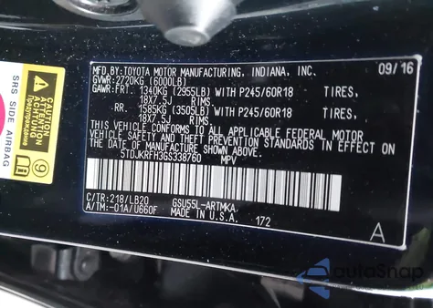 2016 Toyota Highlander Xle V6 z USA, uszkodzony, nr VIN 5TDJKRFH3GS338760